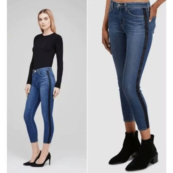 L'Agence Margot Skinny High Rise Neptune Jeans Sz 28 Black Satin Side Stripe USA - Picture 1 of 15